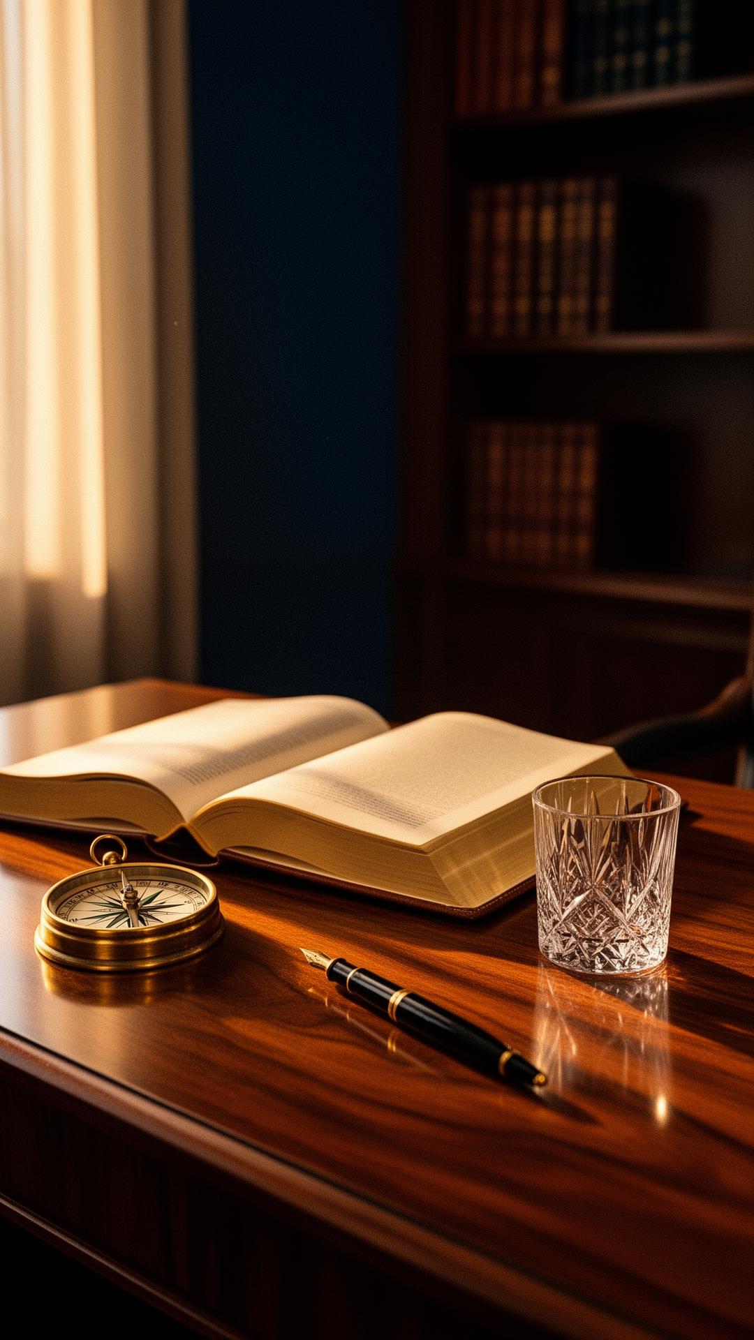A quiet study with an open book and brass compass on a walnut desk